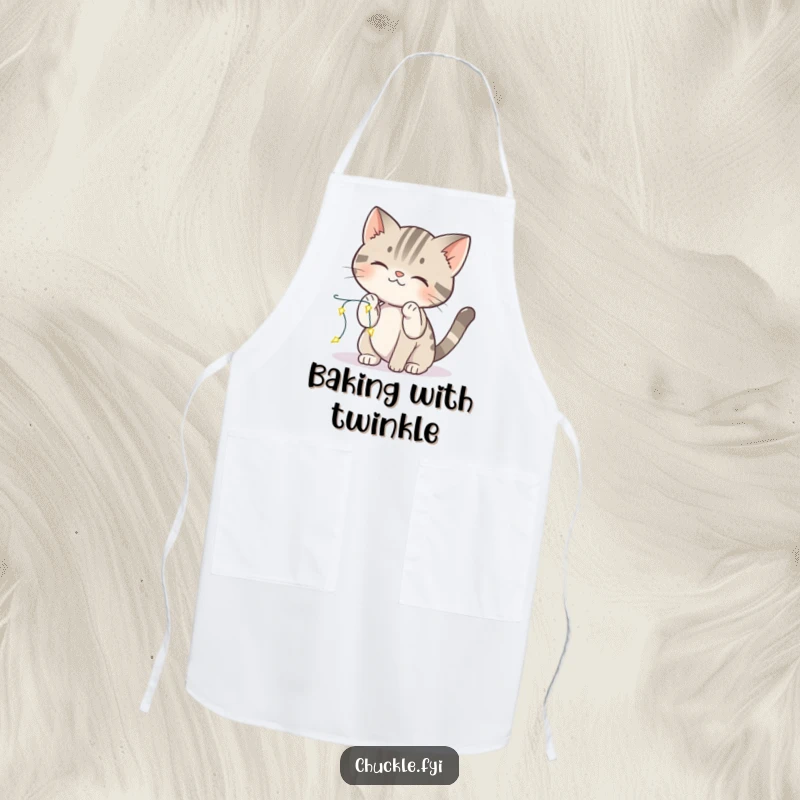 Funny cat apron showing a curious cat playfully batting at sparkling lights, perfect for adding humor to cooking.