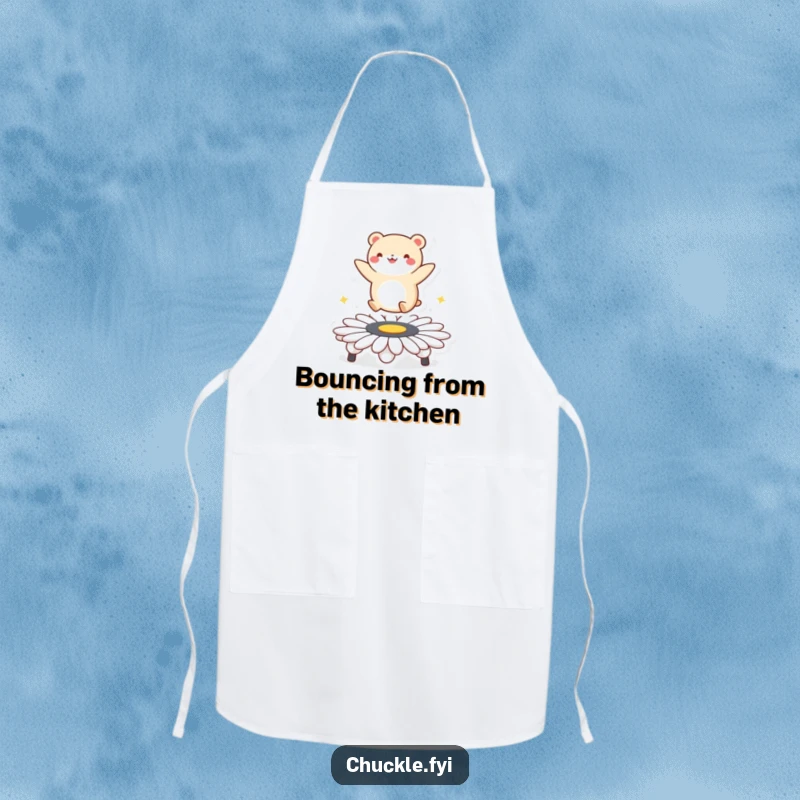 Funny apron featuring a small, round animal character gleefully bouncing on a daisy trampoline, perfect for adding humor to kitchen tasks.