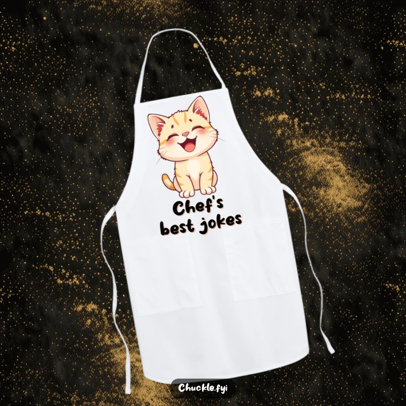 Funny apron featuring a happy kitten with perked ears bursting into fits of uncontrollable laughter while cooking.