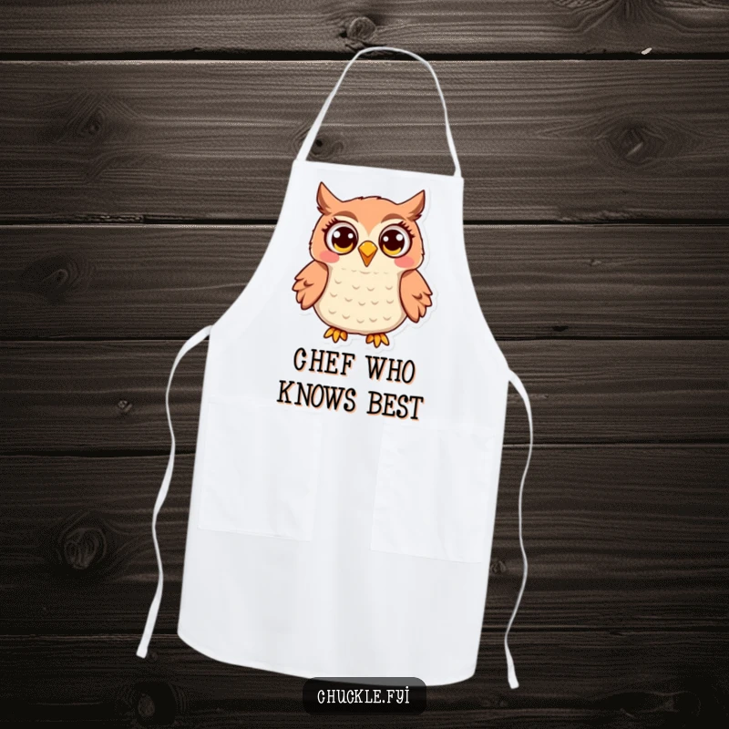 Funny Owl Apron: A jovial owl with wide, laughing eyes, hooting with delight while protecting the kitchen.