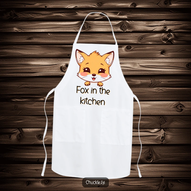 Funny fox apron with a curious fox peeking out with a delighted expression, ideal for cooking.
