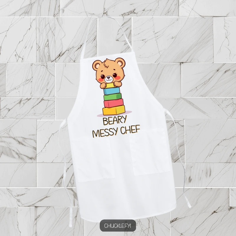 Funny bear cub apron showing a brave little bear cub focused on balancing colorful blocks, designed for kitchen fun.