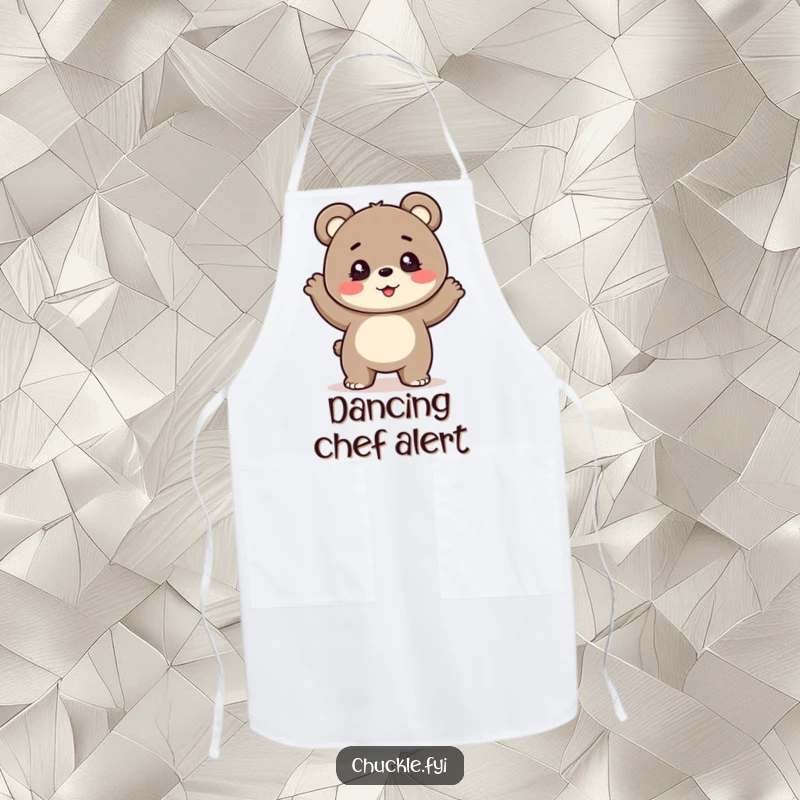 Funny apron featuring a cheerful bear cub with sparkling eyes doing a silly, bouncy dance while cooking.