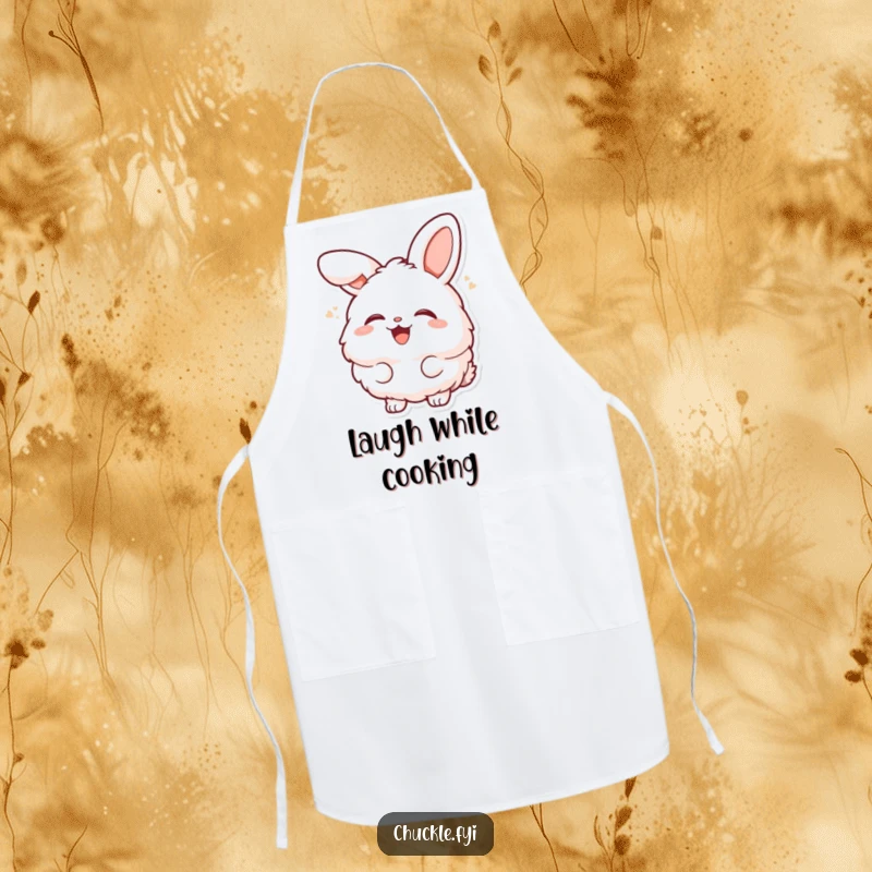 Funny fluffy bunny character laughing heartily with head tilted back on a kitchen apron, making cooking more fun and cheerful.