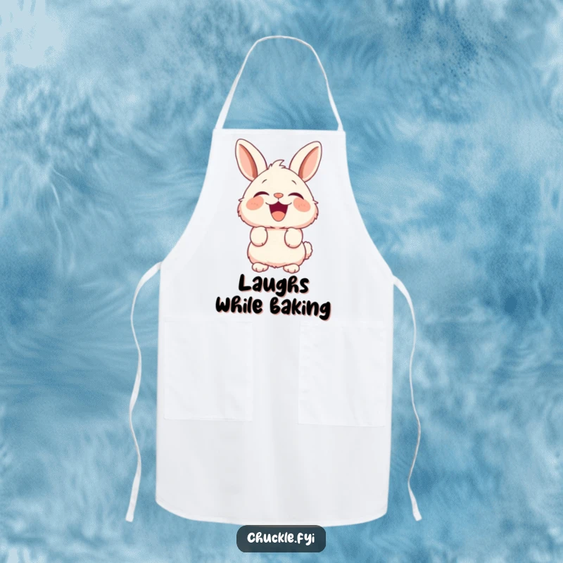 Funny Fluffy Bunny Apron showing a rabbit with perked ears caught in a fit of hilarious laughter while cooking.