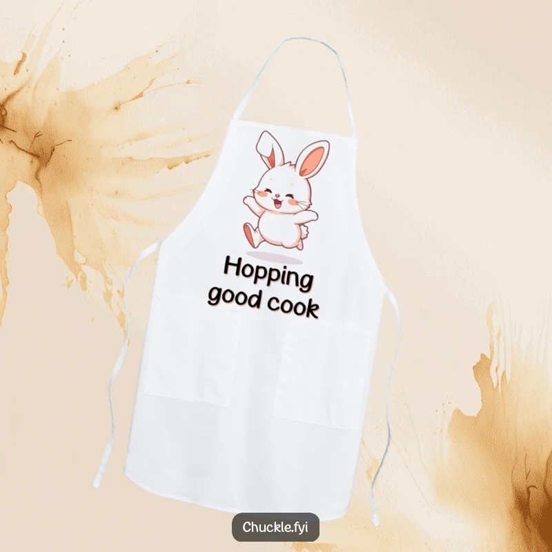 Funny Fluffy Bunny Apron showing a character hopping with delight while cooking, adding humor to the kitchen, a fantastic funny gift.