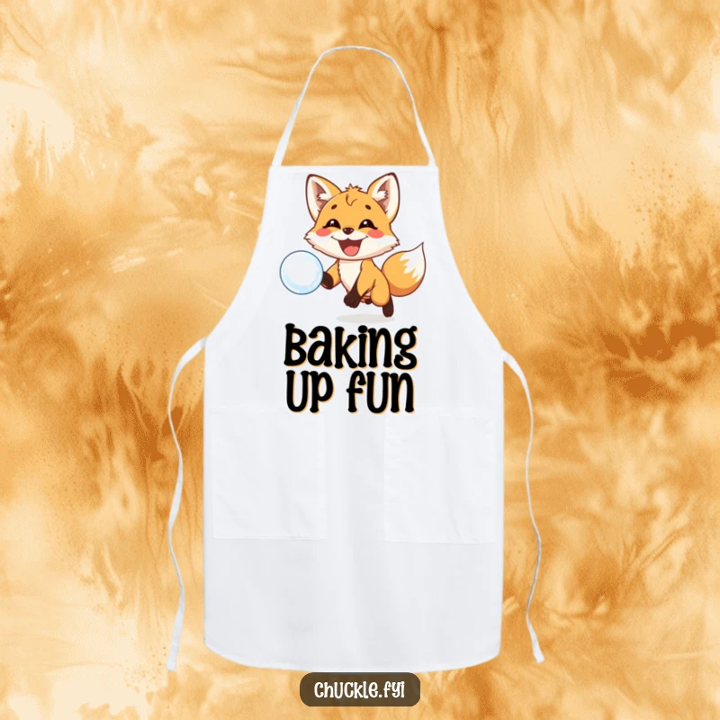 Funny apron featuring a playful fox cub with a huge grin joyfully chasing a floating bubble during meal prep.