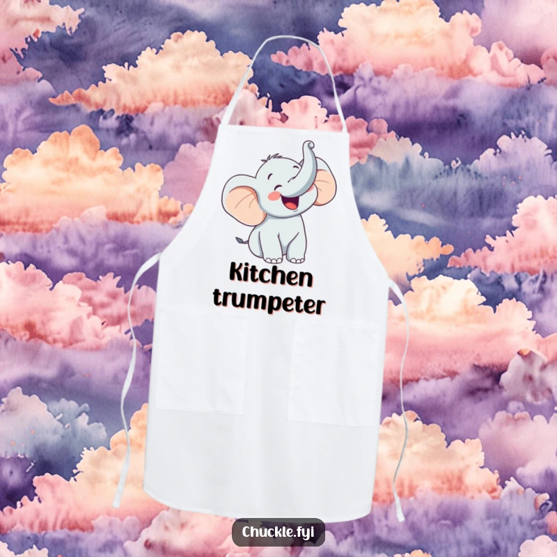 Funny apron with a happy elephant character trumpeting with glee, trunk raised high, perfect for joyful kitchen humor.