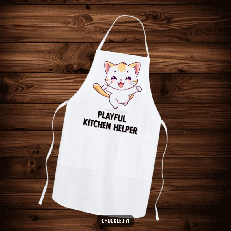 Funny playful kitten apron character chasing a beam of light with a joyous bounce, for delightful cooking adventures.