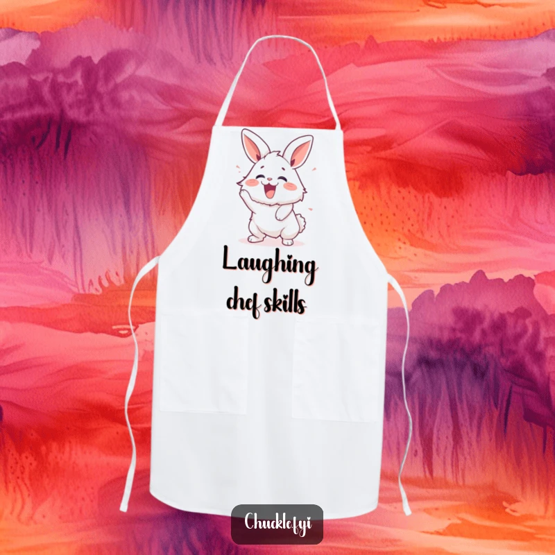 Funny apron with a fluffy bunny vigorously shaking with laughter, ready for kitchen duties with a smile.