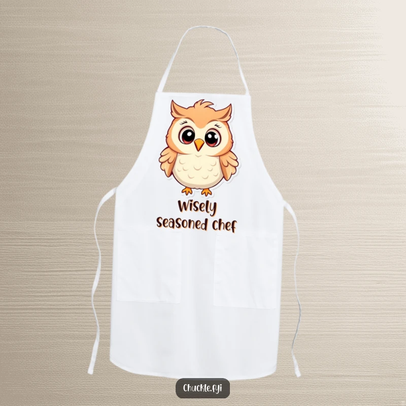 Funny Owl Apron featuring a cartoon owl chuckling heartily, wide eyes, ruffled feathers, ideal for chefs who love to laugh.