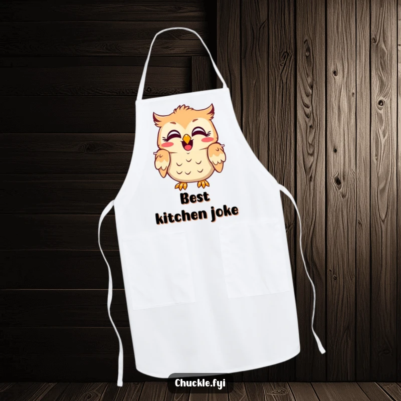 Funny owl apron showing a character with wide, amused eyes, head shaking in laughter, perfect for adding humor to the kitchen.