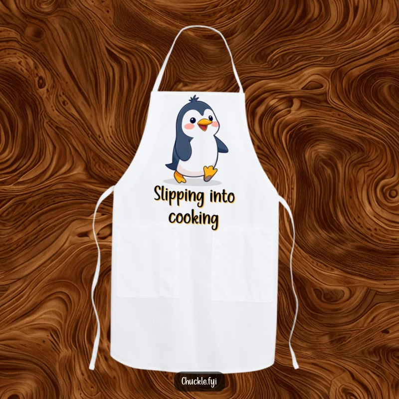Funny penguin apron featuring a delighted cartoon character waddling with a silly, exaggerated gait, perfect for kitchen humor.