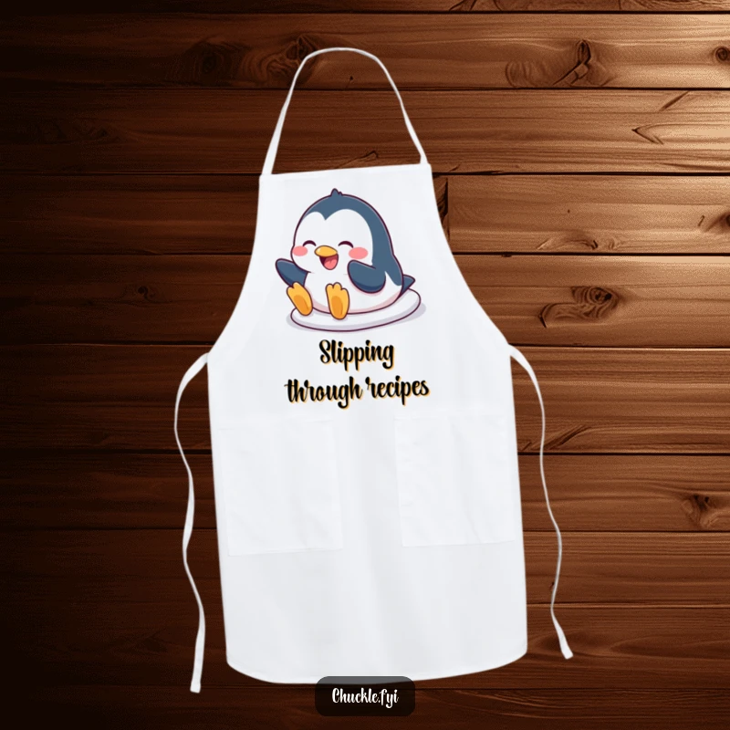 Funny penguin apron showing a character in a comical belly slide with a broad, happy grin, perfect for adding humor to the kitchen.