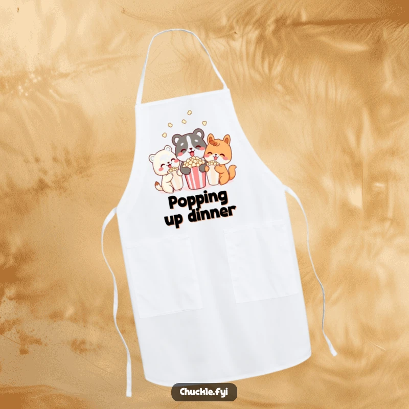 Funny apron featuring three cute animal characters delightedly sharing popcorn, adding humor and charm to kitchen activities.