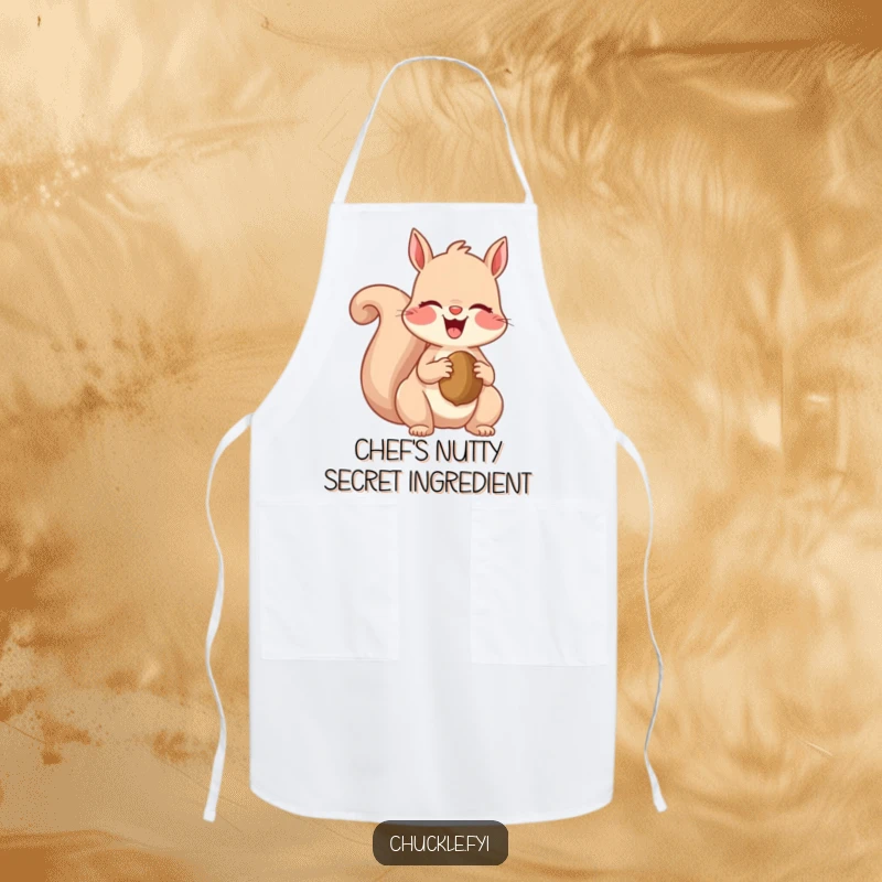 Funny apron depicting a cheerful squirrel giggling with a nut, ready to whip up some delicious, nutty treats in the kitchen.