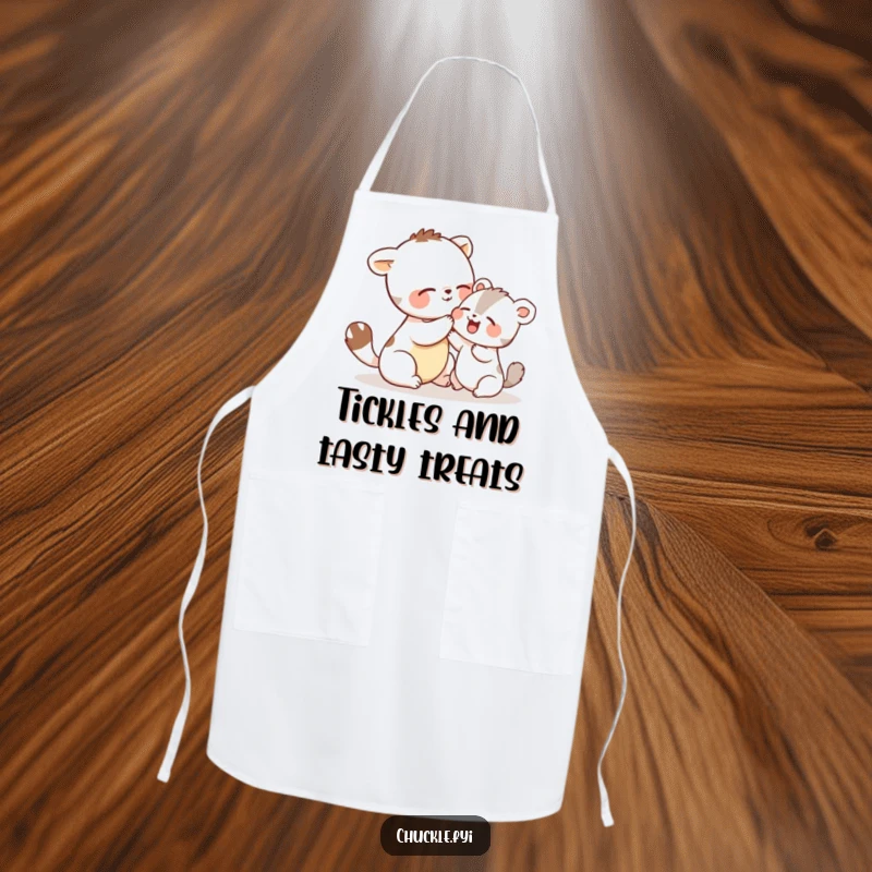 Funny apron featuring two cute animals playfully tickling each other and erupting in giggles, adding humor to kitchen activities.