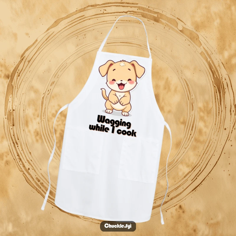 Funny playful puppy character wiggling its body from wagging its tail, on a kitchen apron.