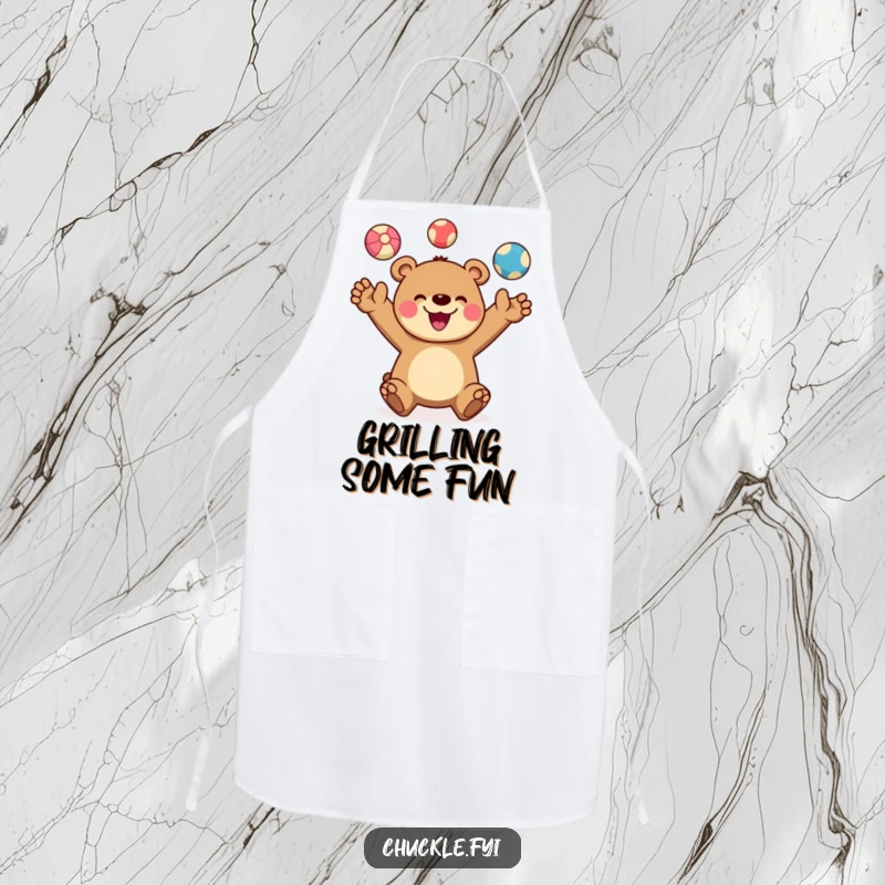 Funny apron with a cheerful bear character joyfully juggling three colorful balls, a wide smile on its face. Kitchen skill.