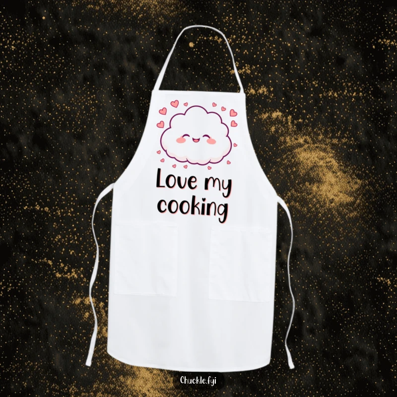 Funny apron adorned with a happy cloud character raining tiny hearts, ideal for a cook who shares love.
