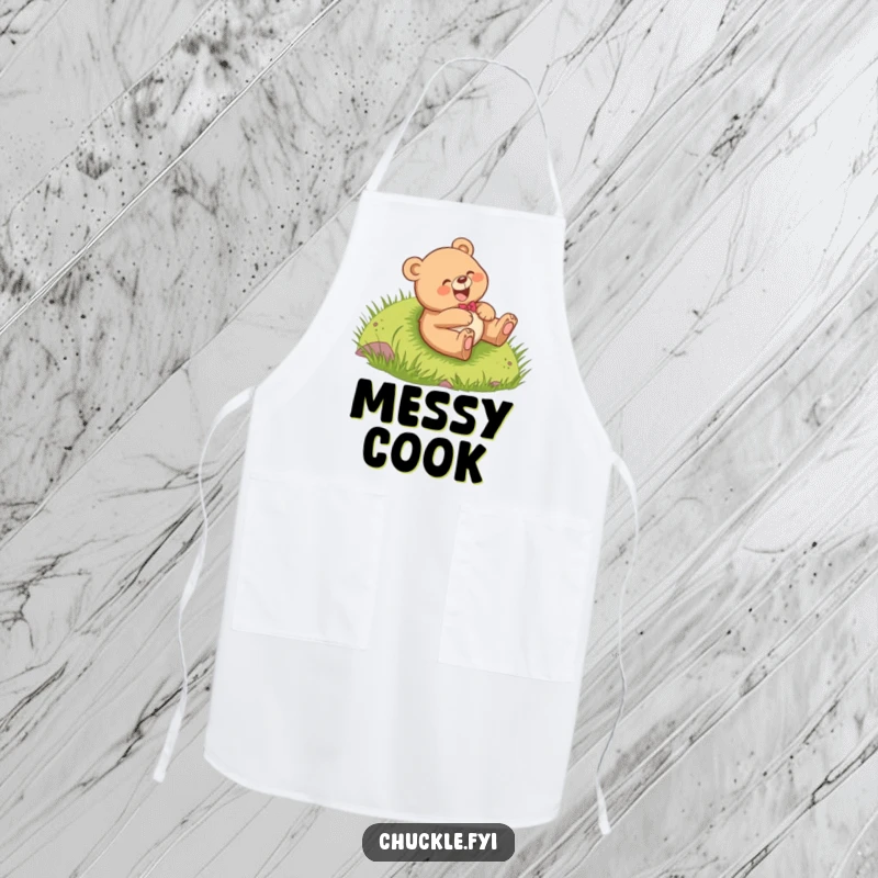 Funny Bear Cub Apron showing a cheerful cub giggling while rolling down a hill, adding humor to the kitchen, a fantastic funny gift.