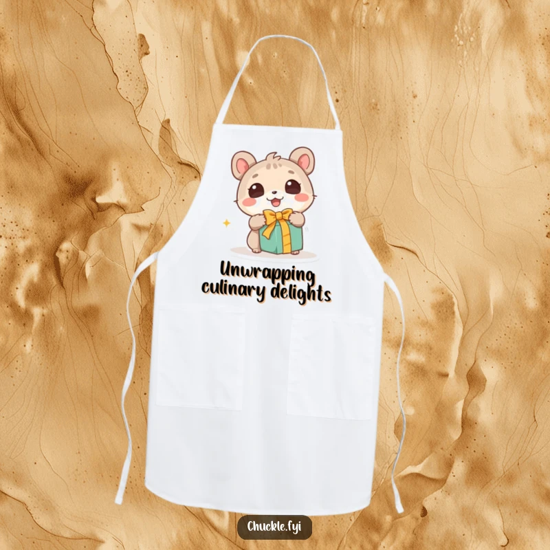 Funny apron featuring a cute animal character with wide, wondering eyes excitedly unwrapping a gift, adding humor to kitchen activities.