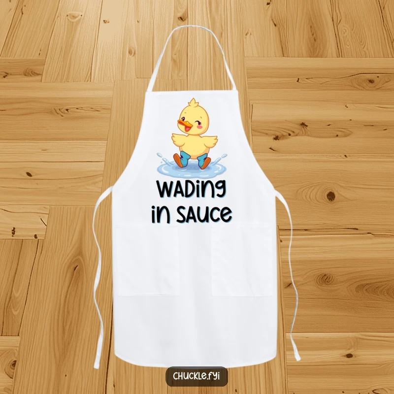 Funny Duck Boots Apron: A cheerful duck in boots splashing happily in a puddle, designed for humorous and practical kitchen use.