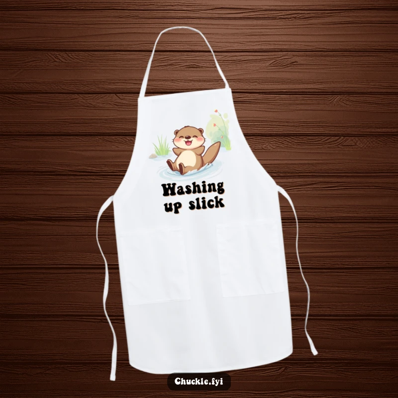 Funny Apron: A joyful otter character slides down a riverbank with glee, perfect for fun cooking and playful meals.
