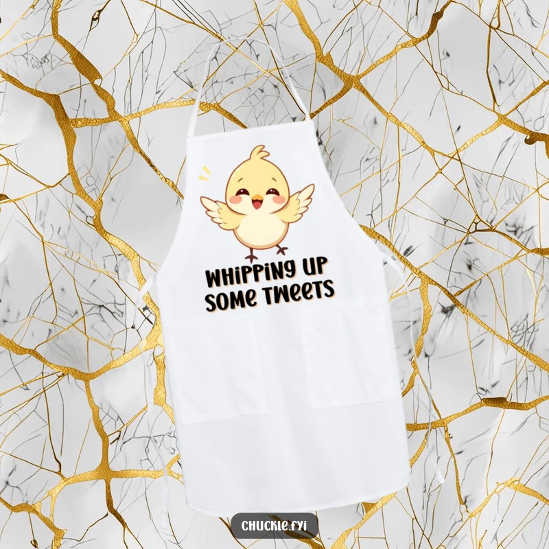 Funny bird apron showing a happy character bird fluttering and chirping, ready to help in the kitchen with a smile.