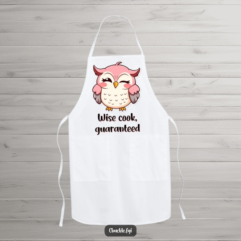 Funny owl apron with a happy, winking owl showing a sideways grin, ideal for cooking enthusiasts.