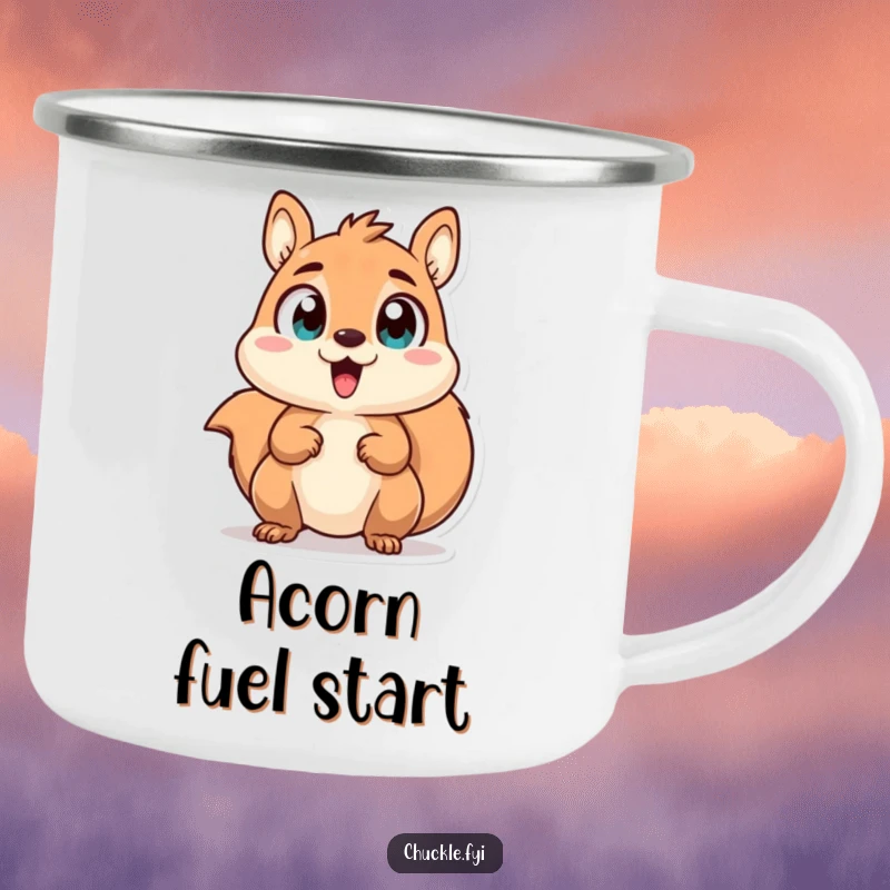 Funny camping mug with a chattering squirrel character with wide, excited eyes, perfect for energetic outdoor sips.