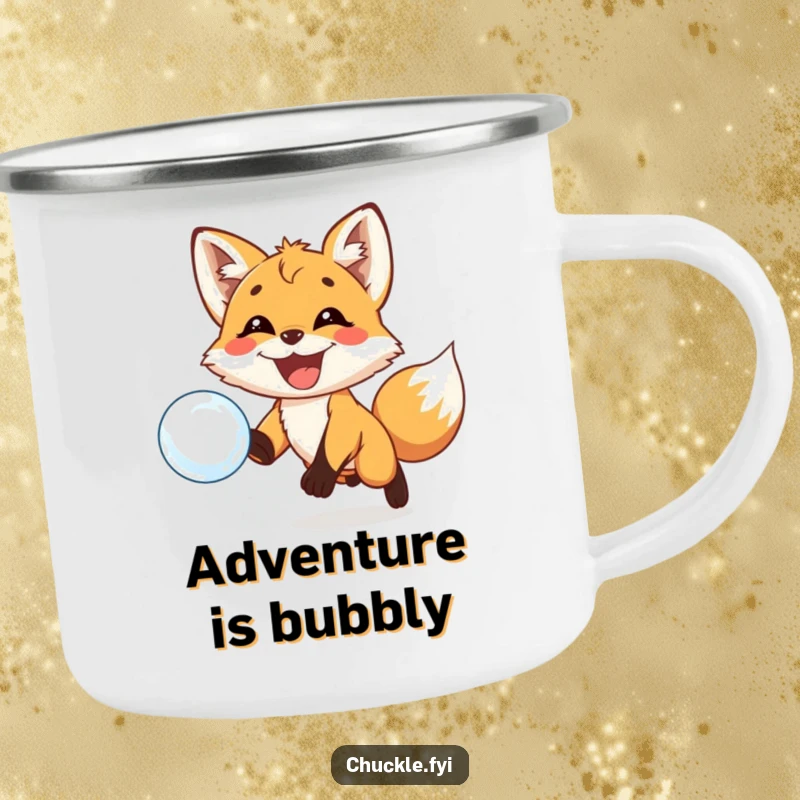 Funny camping mug: a playful fox cub with a huge grin joyfully chasing a floating bubble. Ready for outdoor fun.