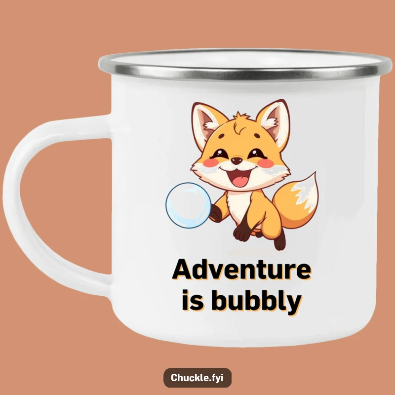 Funny Fox Bubble Camping Mug - Enamel Playful Cub Grin, Chasing Fun, Outdoor Funny Gift
