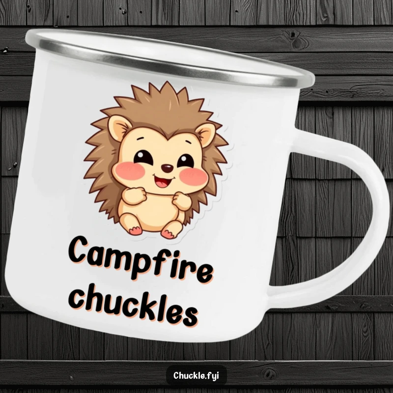 Funny camping mug showing a grinning hedgehog character puffing out its cheeks in amusement, perfect for outdoor enjoyment.
