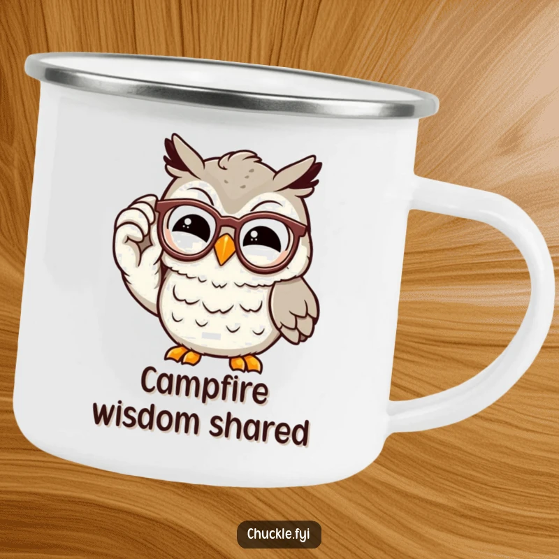Funny owl camping mug showcasing a wise, chuckling cartoon character adjusting its spectacles with a knowing grin, ideal for smart outdoor moments.