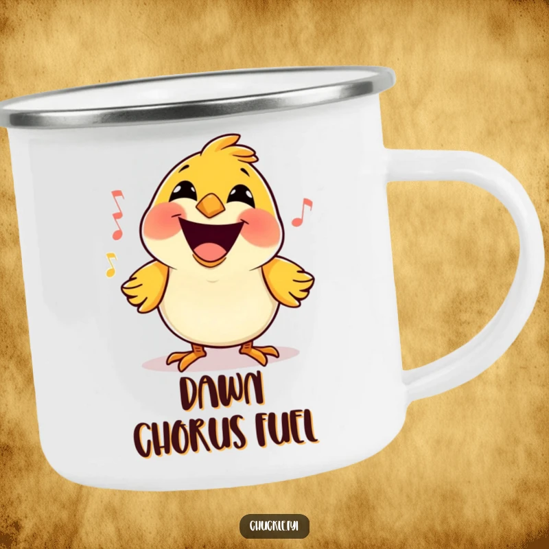 Funny Bird Camping Mug featuring a happy little cartoon bird, massive grin, singing a joyful tune, for outdoor enjoyment.