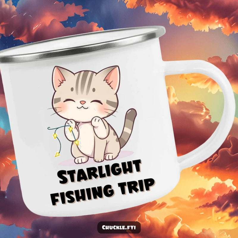 Funny cat camping mug showing a curious cat playfully batting at sparkling lights, perfect for outdoor fun.