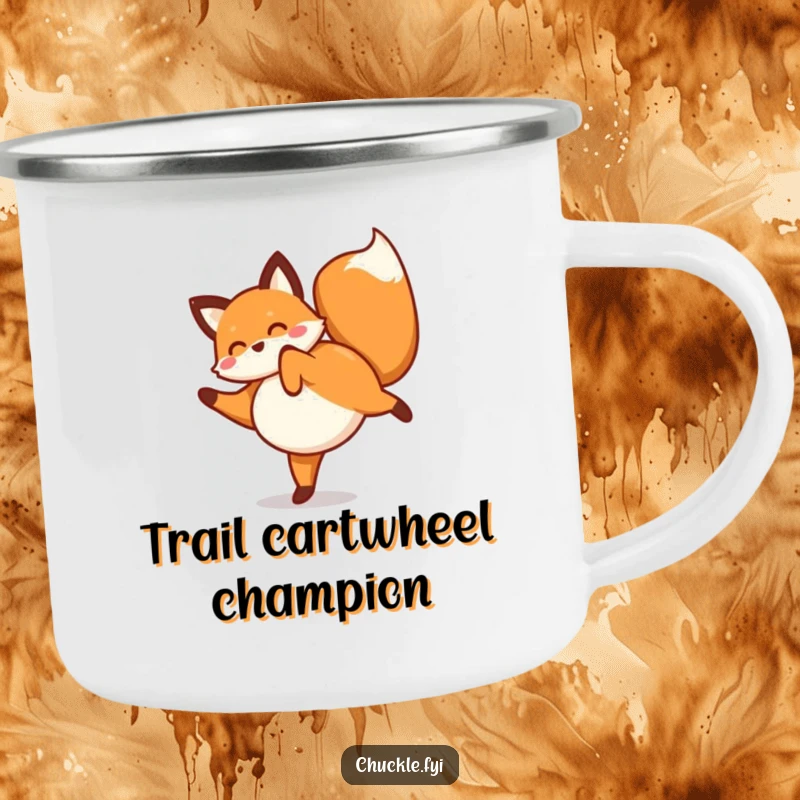 Funny fox camping mug showing a playful fox doing a happy cartwheel, perfect for outdoor fun and laughs.