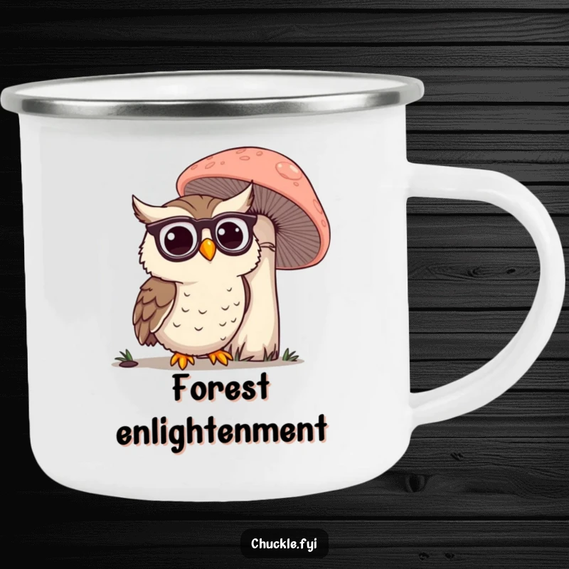 Funny Owl Camping Mug: A happy owl wearing spectacles, peering at a giant mushroom, perfect for outdoor contemplation.