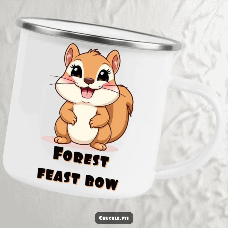 Funny camping mug featuring a cute squirrel doing a comical, theatrical bow with a huge smile, built for happy sipping.