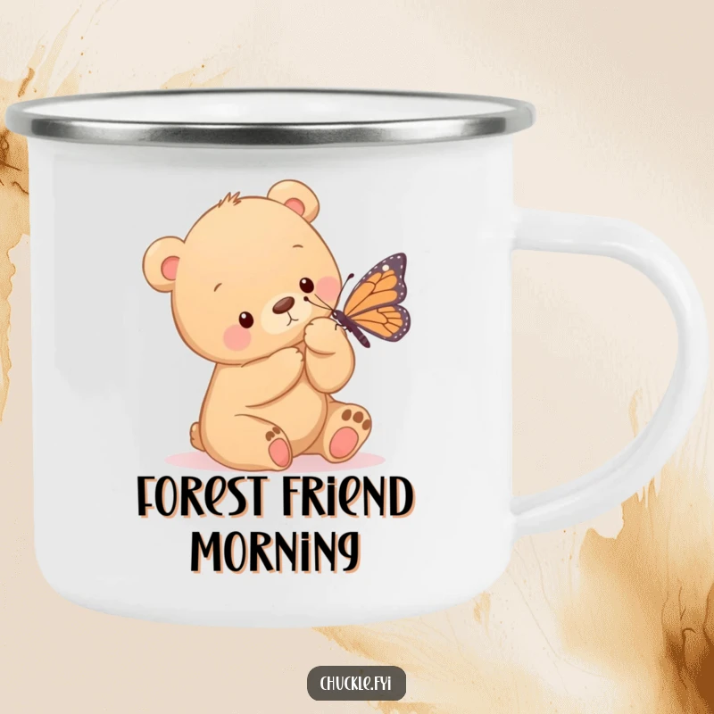 Funny camping mug illustrating a bear cub playfully tickling a butterfly with its paw, perfect for enjoying drinks outdoors with a smile.