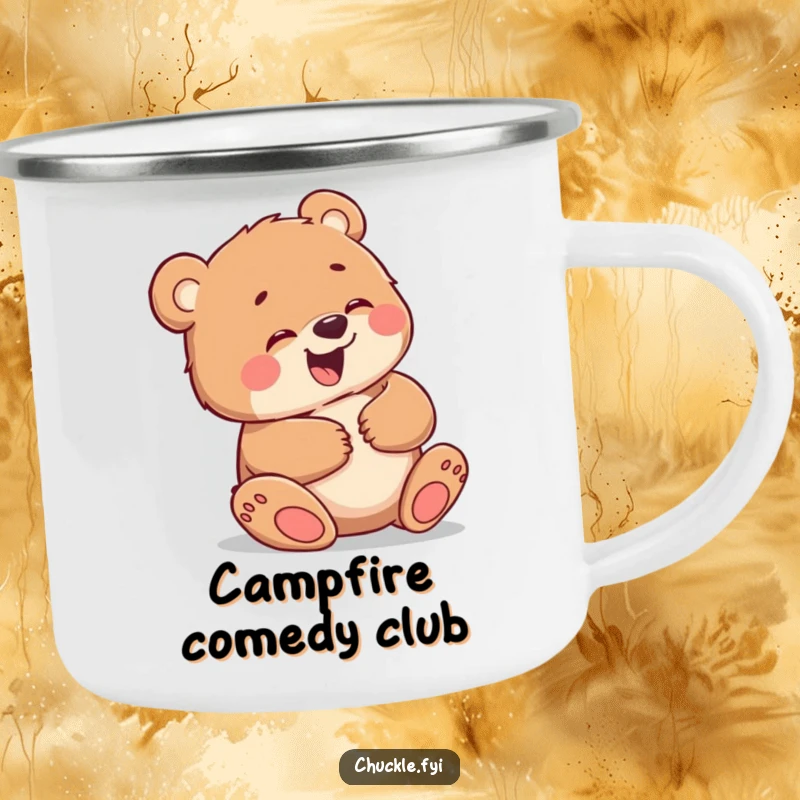Funny camping mug featuring a little bear cub giggling uncontrollably, holding its belly, perfect for outdoor laughs and warm drinks.