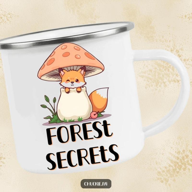 Funny Fox Camping Mug featuring a playful fox peeking from behind a chuckling mushroom, perfect for outdoor use, a durable and funny gift.