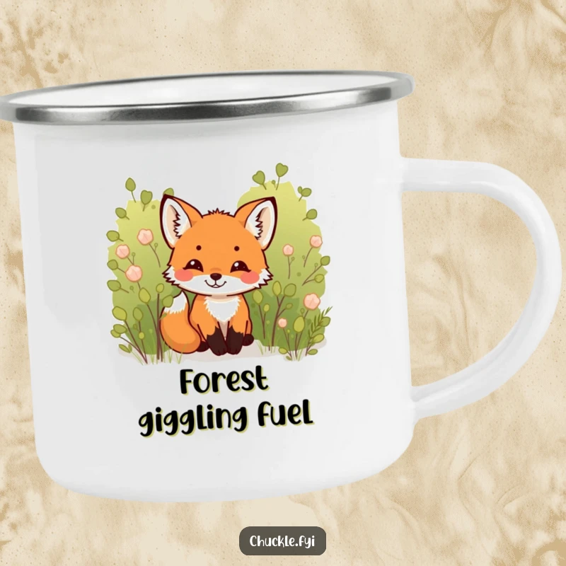 Funny Fox Cub Camping Mug: A tiny, cheeky fox cub peeking from behind a bush, its expression full of outdoor chuckles.