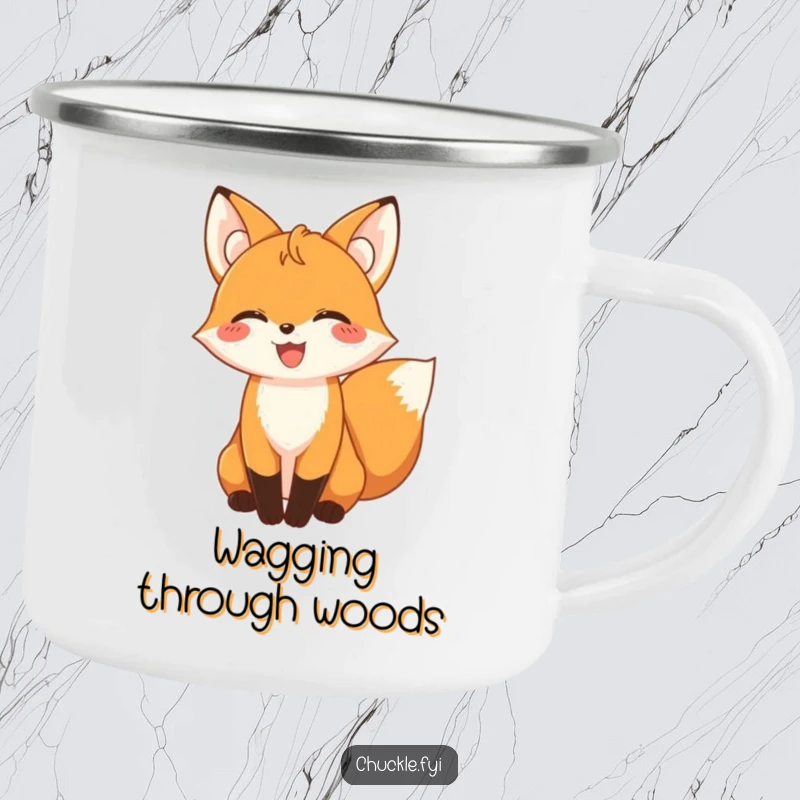 Rugged camping mug featuring a funny giggling fox with its tail wagging, perfect for outdoor trips.