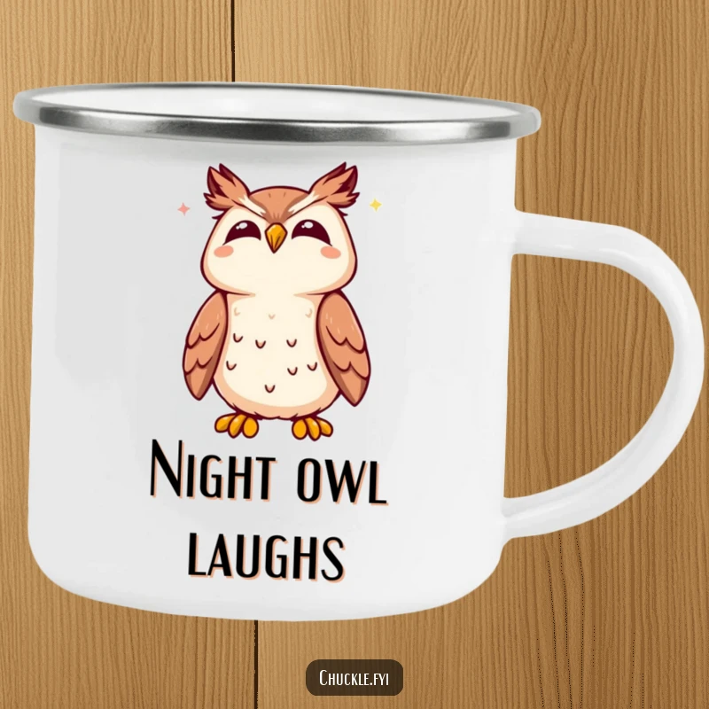 Funny Kawaii owl camping mug featuring a cute owl tilting its head back, joyfully hooting, ideal for outdoor contemplation.