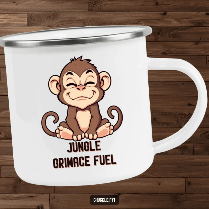 Rugged camping mug featuring a funny monkey making a hilarious grimace, perfect for outdoor enjoyment.