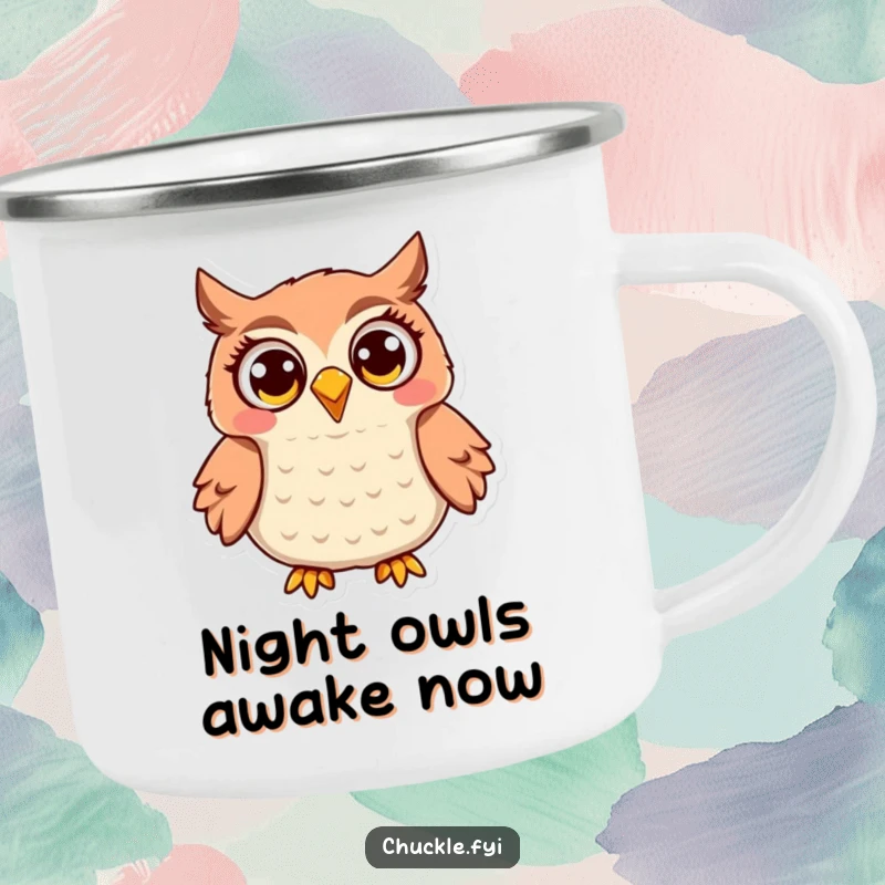 Funny Owl Camping Mug: A jovial owl with wide eyes, hooting with delight, ready for any outdoor adventure.