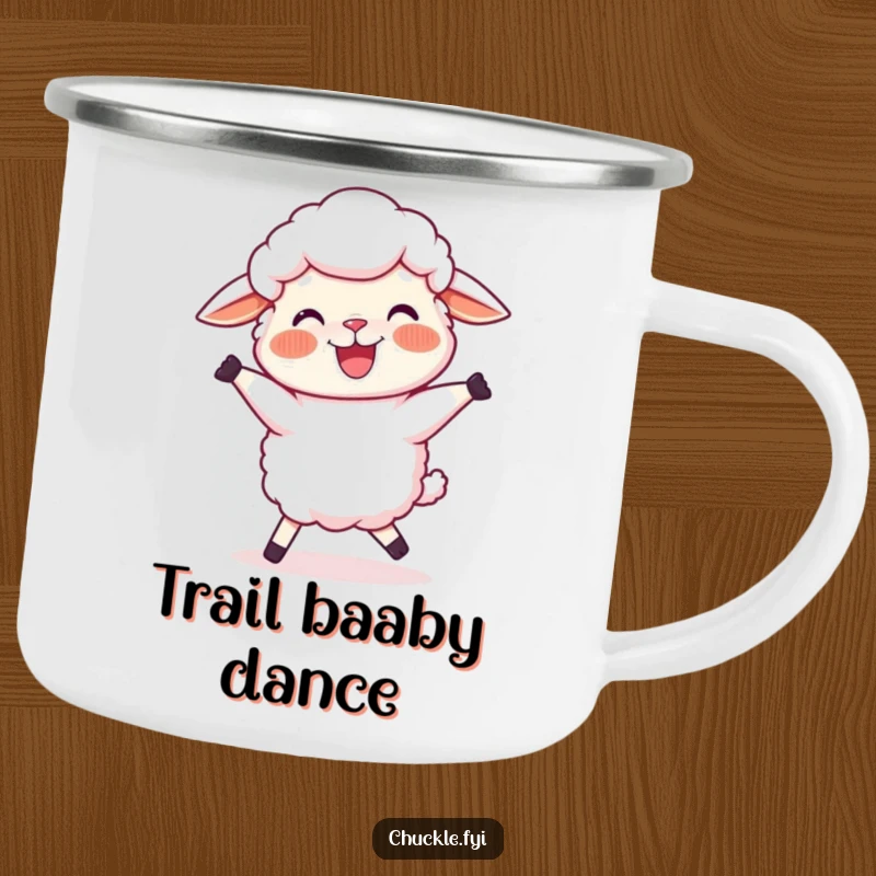 Funny Sheep Camping Mug featuring a joyful cartoon sheep, rosy cheeks, doing a silly, wobbly dance, for outdoor enjoyment.