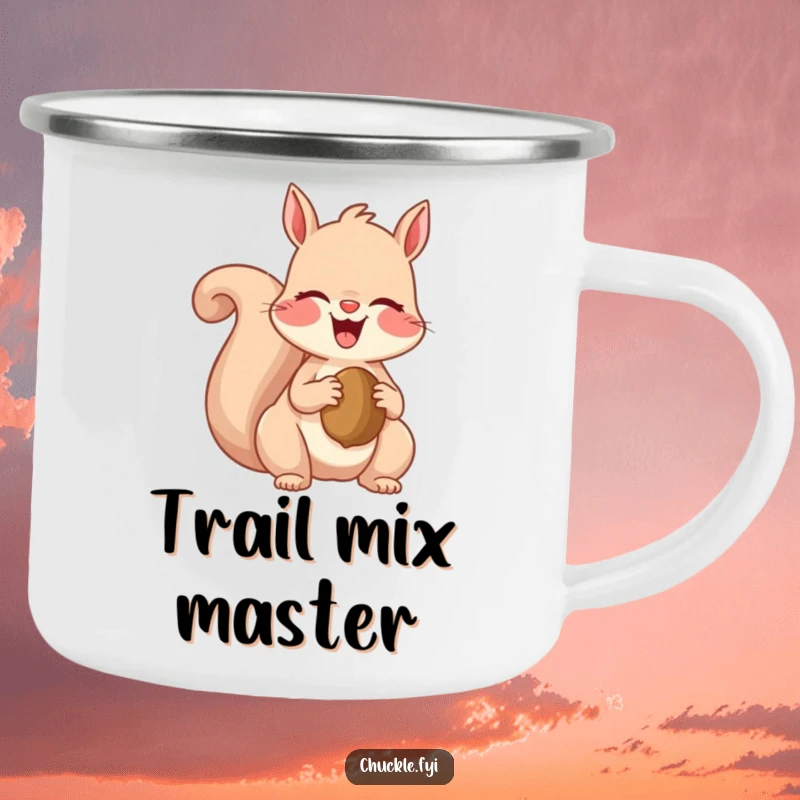 Funny camping mug showing a happy squirrel giggling with a nut, ideal for enjoying beverages during outdoor adventures with a smile.